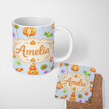 Personalized Custom Name Cute Candy Pumpkin Characters Sweet Halloween Seamless Pattern UK 11oz Ceramic Coffee Tea Mug White Large Handle