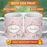Personalized Custom Name Safari Animals Giraffe Lion Zebra on Blush Pink Seamless Pattern 11oz Ceramic Coffee Tea Mug White Large Handle
