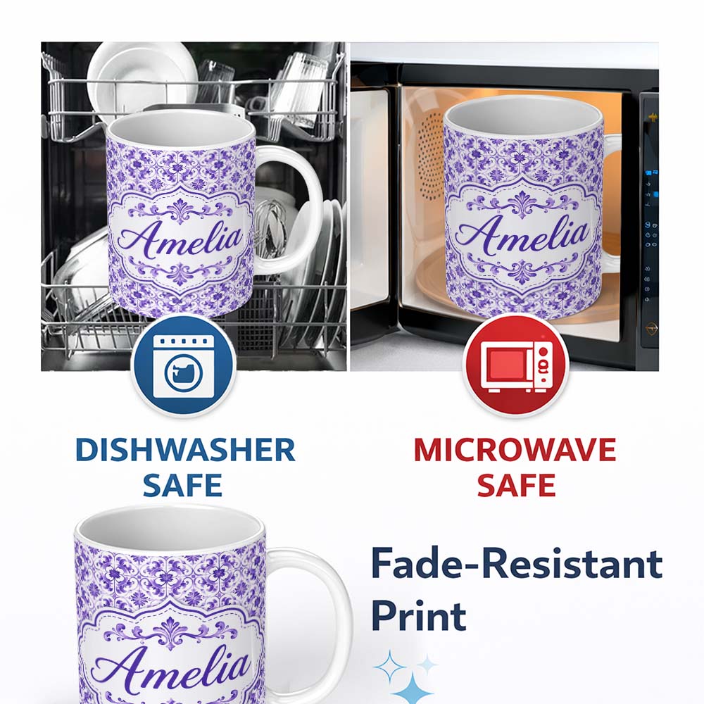 Personalized Custom Name Purple Ornamental Tile Floral Seamless Pattern Beautiful Coffee Cup 11oz Ceramic Coffee Tea Mug White Large Handle