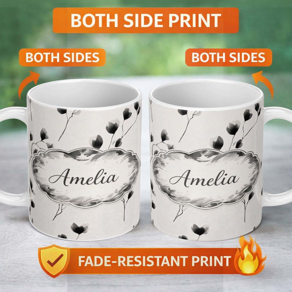 Personalized Custom Name Minimal Floral Stems Black Cream Soft Botanical Pattern Lovely 11oz Ceramic Coffee Tea Mug White Large Handle