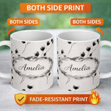 Personalized Custom Name Minimal Floral Stems Black Cream Soft Botanical Pattern Lovely 11oz Ceramic Coffee Tea Mug White Large Handle