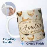 Personalized Custom Name Vintage Farm Hen Illustration Soft Neutral Background Lovely 11oz Ceramic Coffee Tea Mug White Large Handle