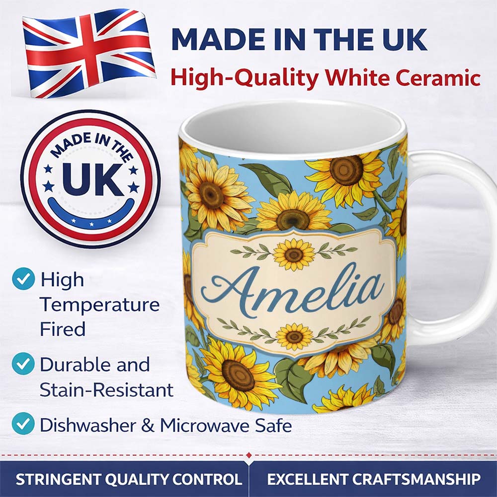 Personalized Custom Name Bright Yellow Sunflower Blue Background Seamless Pattern Name Cute 11oz Ceramic Coffee Tea Mug White Large Handle