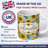 Personalized Custom Name Bright Yellow Sunflower Blue Background Seamless Pattern Name Cute 11oz Ceramic Coffee Tea Mug White Large Handle