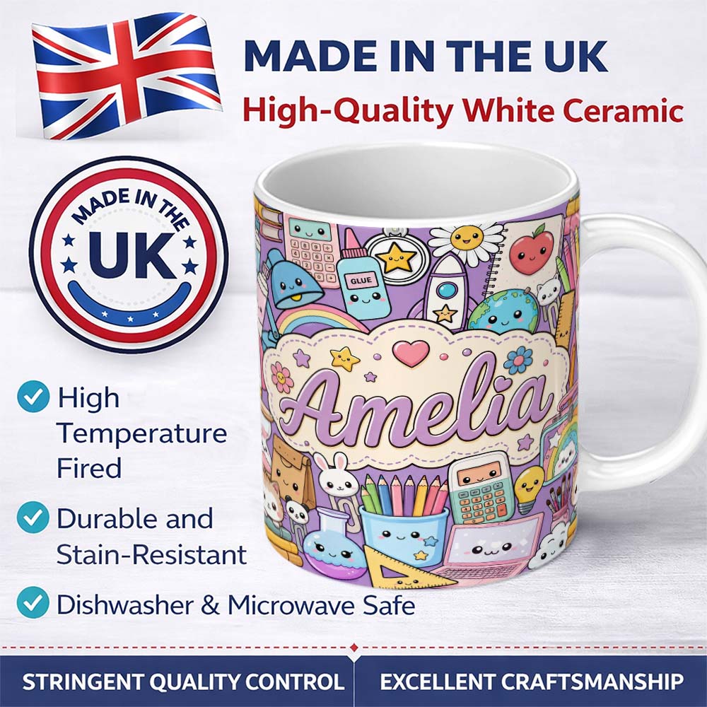 Custom Name Cute Kawaii School Supplies Science Art Cute Pattern Purple Lovely 11oz Ceramic Coffee Tea Mug White Large Handle