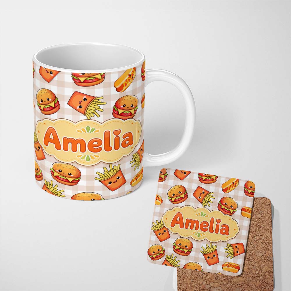 Personalized Custom Name Kawaii Burger Fries Hotdog Fast Food Beige Gingham Seamless Pattern 11oz Ceramic Coffee Tea Mug White Large Handle
