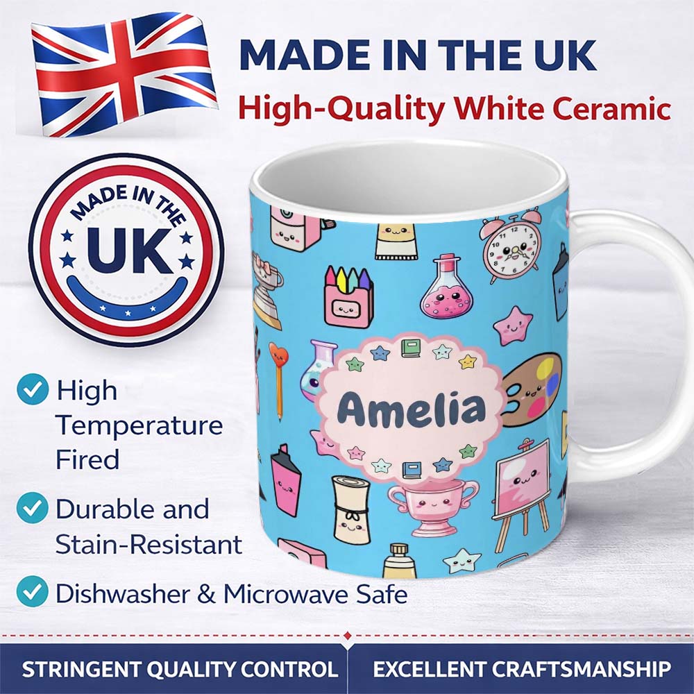 Personalized Custom Name Cute Kawaii Graduate Boy Science Art Supplies Seamless Pattern Blue 11oz Ceramic Coffee Tea Mug White Large Handle