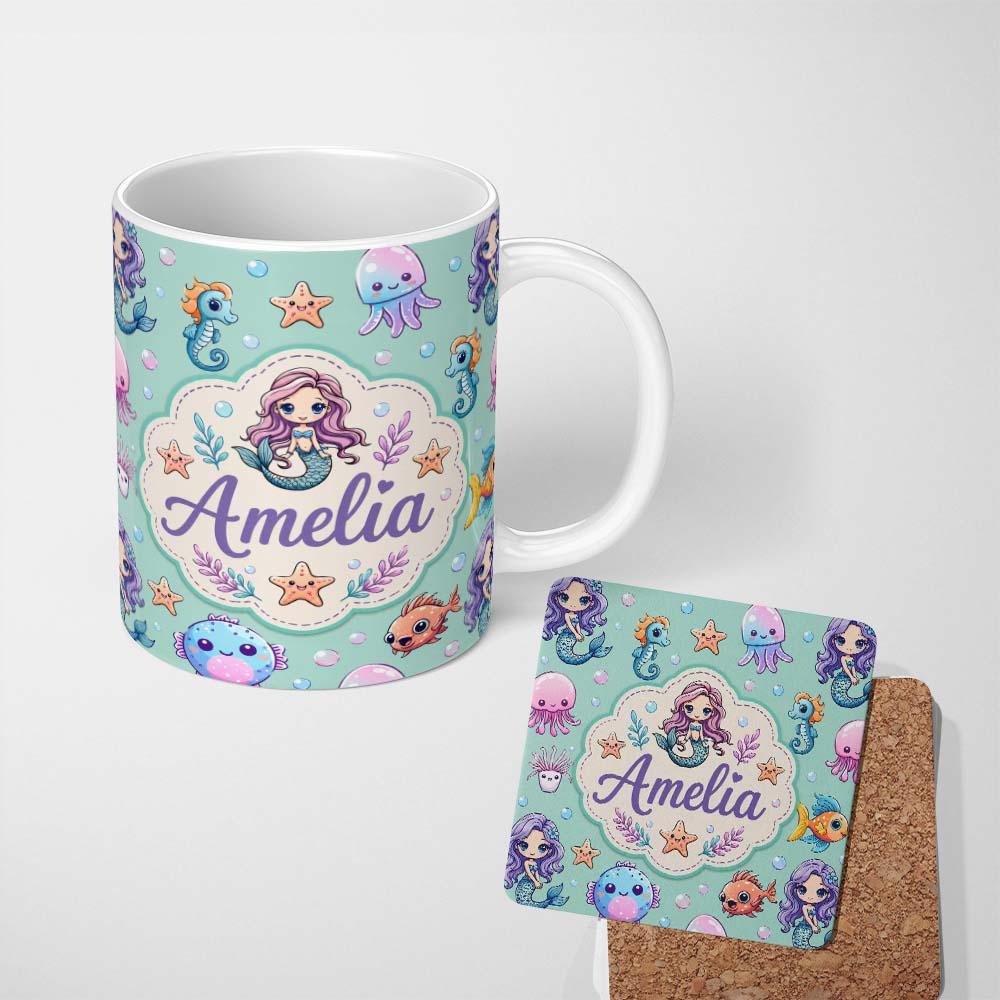 Personalized Custom Name Cute Cartoon Mermaid with Sea Creatures on Mint Green Background 11oz Ceramic Coffee Tea Mug White Large Handle