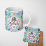 Personalized Custom Name Cute Cartoon Mermaid with Sea Creatures on Mint Green Background 11oz Ceramic Coffee Tea Mug White Large Handle