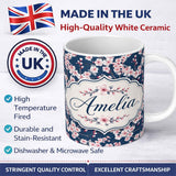 Personalized Custom Name Soft Sakura Flower Branches Blue Background Seamless Pattern Lovely 11oz Ceramic Coffee Tea Mug White Large Handle