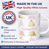Personalized Custom Name Minimal Gold Pink Christmas Tree Seamless Pattern Cute Unique Gift 11oz Ceramic Coffee Tea Mug White Large Handle