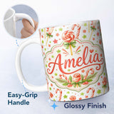 Personalized Custom Name Cute Candy Cane Lollipop Sweet Treat Festive Seamless Pattern Lovely 11oz Ceramic Coffee Tea Mug White Large Handle