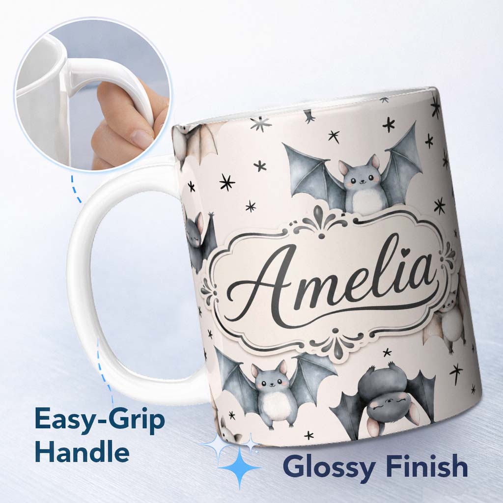 Personalized Custom Name Cute Watercolor Bats and Stars Seamless Pattern Warm Cream Lovely 11oz Ceramic Coffee Tea Mug White Large Handle