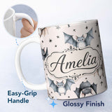 Personalized Custom Name Cute Watercolor Bats and Stars Seamless Pattern Warm Cream Lovely 11oz Ceramic Coffee Tea Mug White Large Handle