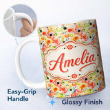 Personalized Custom Name Watercolor Floral Dot Pattern Soft Pastel Abstract Circles Seamless 11oz Ceramic Coffee Tea Mug White Large Handle