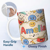 Personalized Custom Name Cute Musical Instruments Notes Cartoon Fun Seamless Pattern Lovely 11oz Ceramic Coffee Tea Mug White Large Handle