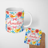 Personalized Custom Name Watercolor Bird Floral Botanical Seamless Pattern Cute Unique Gift 11oz Ceramic Coffee Tea Mug White Large Handle