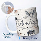 Personalized Custom Name Cute Watercolor Bats and Stars Seamless Pattern Light Neutral Lovely 11oz Ceramic Coffee Tea Mug White Large Handle