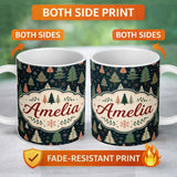 Personalized Custom Name Scandi Forest Christmas Trees Pastel Green Pink Snowflakes Seamless 11oz Ceramic Coffee Tea Mug White Large Handle