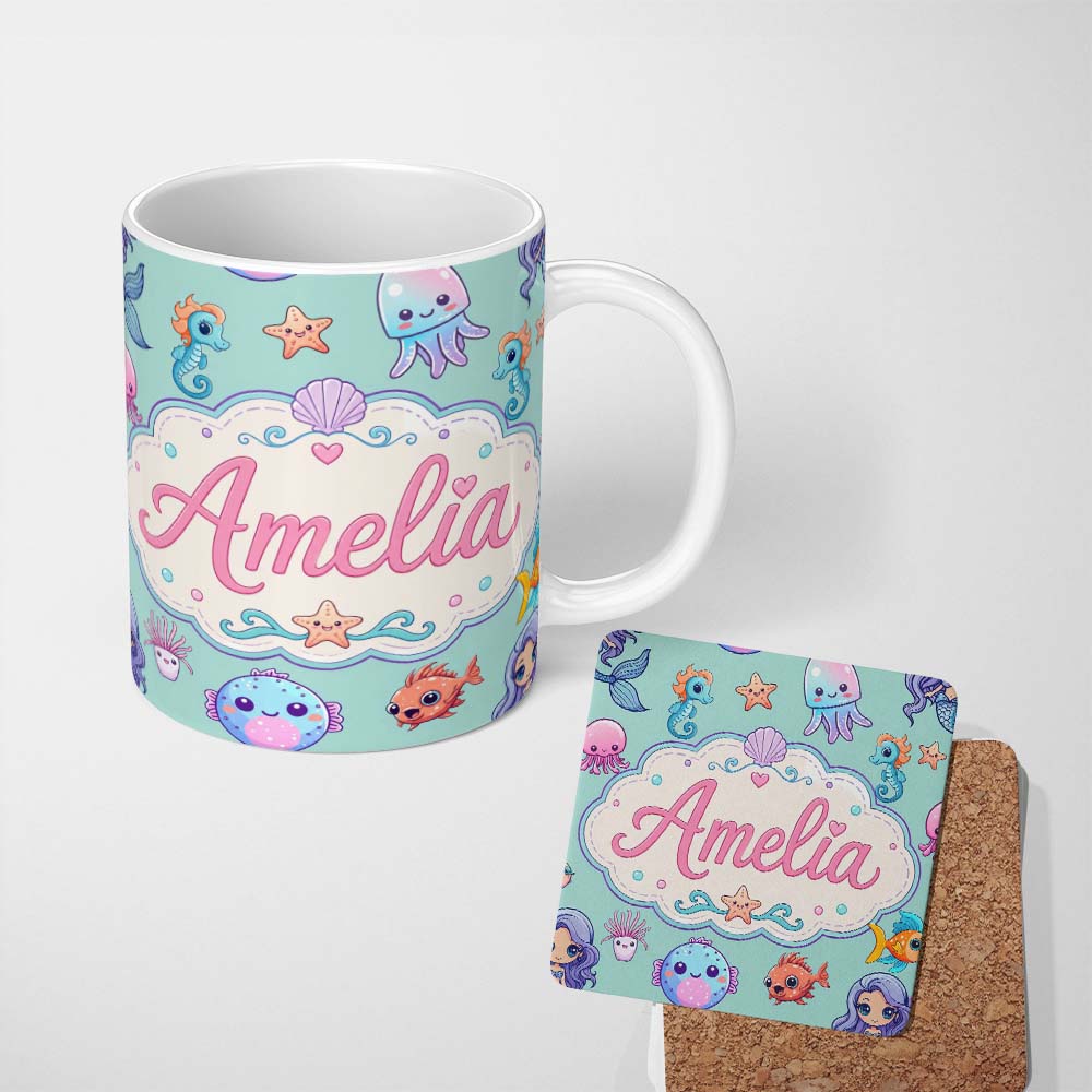 Personalized Custom Name Cute Kawaii Mermaid Seahorse Jellyfish and Starfish Mint Background 11oz Ceramic Coffee Tea Mug White Large Handle