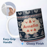 Personalized Custom Name Cute Blue Nordic Snowflake Winter Traditional Knitted Seamless 11oz Ceramic Coffee Tea Mug White Large Handle