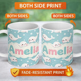 Personalized Custom Name Cute Baby Seals Ocean Bubbles Kawaii Marine Seamless Pattern Lovely 11oz Ceramic Coffee Tea Mug White Large Handle