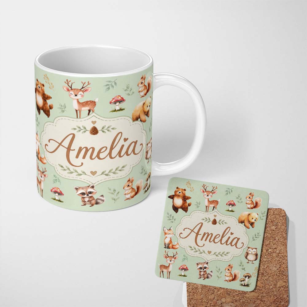 Personalized Custom Name Woodland Deer Bear Fox Owl Raccoon Leaves Mushrooms Sage Green 11oz Ceramic Coffee Tea Mug White Large Handle
