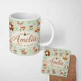 Personalized Custom Name Woodland Deer Bear Fox Owl Raccoon Leaves Mushrooms Sage Green 11oz Ceramic Coffee Tea Mug White Large Handle