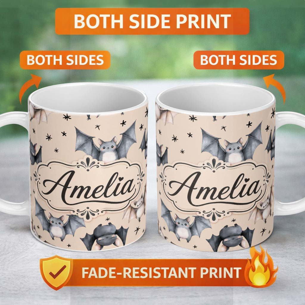 Personalized Custom Name Cute Watercolor Bats and Stars Seamless Pattern Pale Beige Lovely 11oz Ceramic Coffee Tea Mug White Large Handle