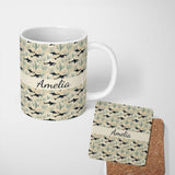 Personalized Custom Name Minimal Orca Whale and Seaweed Seamless Pattern Ocean Marine Life 11oz Ceramic Coffee Tea Mug White Large Handle