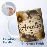 Personalized Custom Name Warm Gold and Brown Floral with Abstract Leopard Spots Textile 11oz Ceramic Coffee Tea Mug White Large Handle