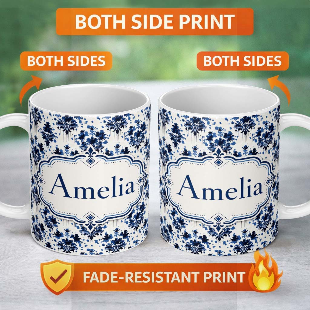 Personalized Custom Name Navy Blue Floral Ink Blot Damask Seamless Pattern Cute Unique Gift 11oz Ceramic Coffee Tea Mug White Large Handle