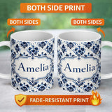 Personalized Custom Name Navy Blue Floral Ink Blot Damask Seamless Pattern Cute Unique Gift 11oz Ceramic Coffee Tea Mug White Large Handle