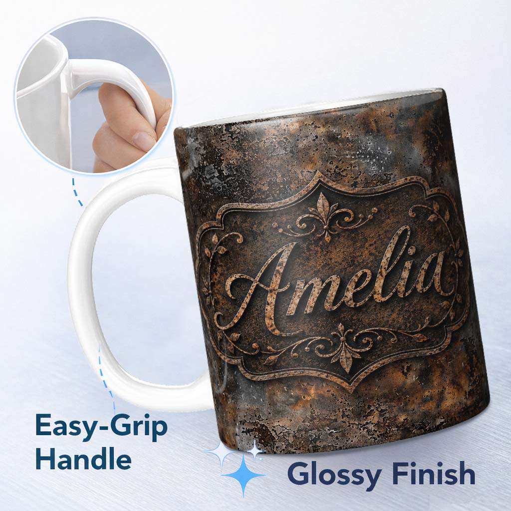 Personalized Custom Name Rust and Silver Corrosion Texture Abstract Grunge Seamless Pattern 11oz Ceramic Coffee Tea Mug White Large Handle