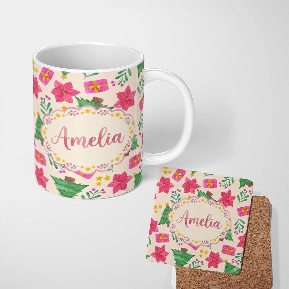 Personalized Custom Name Watercolor Christmas Poinsettia Gift Tree Festive Seamless Pattern 11oz Ceramic Coffee Tea Mug White Large Handle