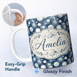 Personalized Custom Name Blue Galaxy Moon Phases and Stars Seamless Pattern Cute Unique Gift 11oz Ceramic Coffee Tea Mug White Large Handle