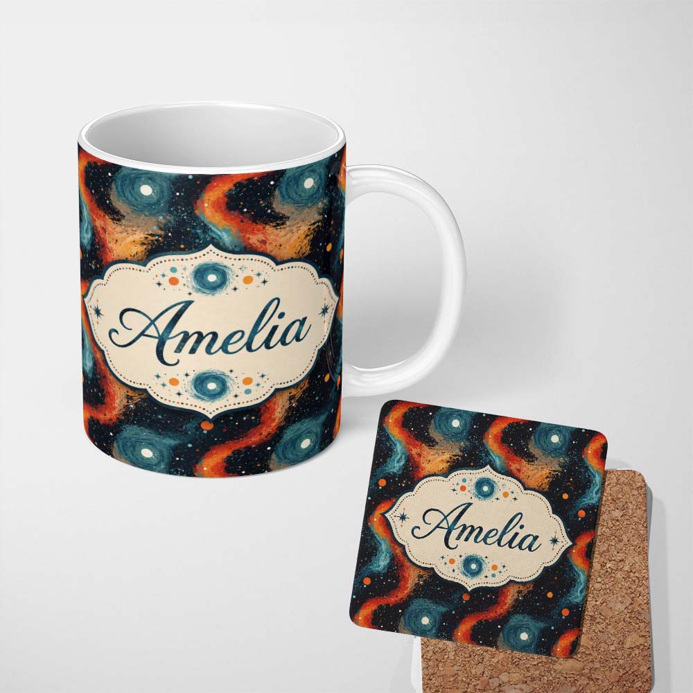 Personalized Custom Name Abstract Flowing Orange Blue Cosmic Space Seamless Pattern Artistic 11oz Ceramic Coffee Tea Mug White Large Handle