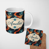 Personalized Custom Name Abstract Flowing Orange Blue Cosmic Space Seamless Pattern Artistic 11oz Ceramic Coffee Tea Mug White Large Handle