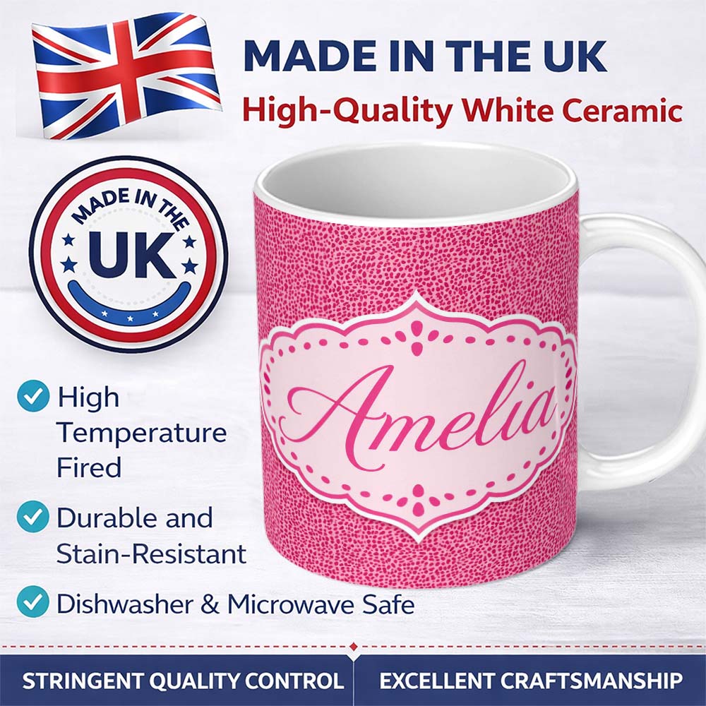 Personalized Custom Name Hot Pink Dense Mini Dot Abstract Texture Seamless Pattern Lovely 11oz Ceramic Coffee Tea Mug White Large Handle