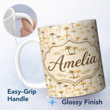 Personalized Custom Name Minimal Palm Tree Tropical Beige Pattern Seamless Pattern Lovely 11oz Ceramic Coffee Tea Mug White Large Handle