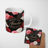 Personalized Custom Name Elegant Rose Floral Seamless Pattern in Red Black and White Lovely 11oz Ceramic Coffee Tea Mug White Large Handle