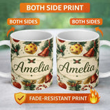 Personalized Custom Name Vintage Christmas Holly Bell Ornament Botanical Seamless Pattern 11oz Ceramic Coffee Tea Mug White Large Handle