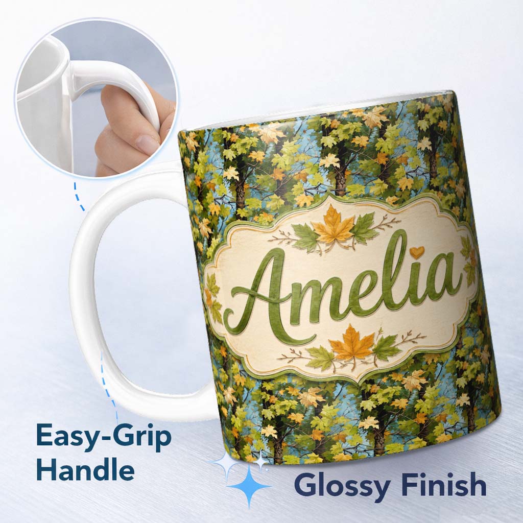 Personalized Custom Name Autumn Tree Branch Pattern with Green and Yellow Leaves on Blue 11oz Ceramic Coffee Tea Mug White Large Handle