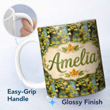 Personalized Custom Name Autumn Tree Branch Pattern with Green and Yellow Leaves on Blue 11oz Ceramic Coffee Tea Mug White Large Handle