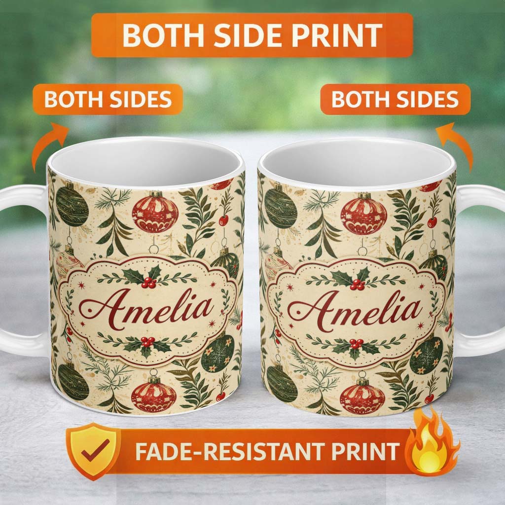 Personalized Custom Name Vintage Christmas Baubles Holly Leaves Botanical Seamless Pattern 11oz Ceramic Coffee Tea Mug White Large Handle