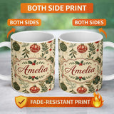 Personalized Custom Name Vintage Christmas Baubles Holly Leaves Botanical Seamless Pattern 11oz Ceramic Coffee Tea Mug White Large Handle