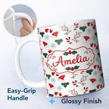 Personalized Custom Name Christmas Hat Mittens Lights Candy Cane Seamless Pattern Lovely 11oz Ceramic Coffee Tea Mug White Large Handle