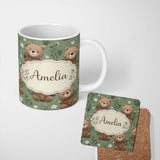 Personalized Custom Name Cute Teddy Bears with Floral Elements Seamless Pattern Green Lovely 11oz Ceramic Coffee Tea Mug White Large Handle