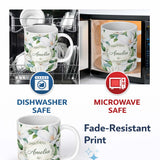 Personalized Custom Name Soft White Magnolia Flowers and Green Leaves Seamless Pattern Lovely 11oz Ceramic Coffee Tea Mug White Large Handle