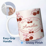 Personalized Custom Name Cherry Bow Ribbon Cute Cream Neutral Background Seamless Pattern 11oz Ceramic Coffee Tea Mug White Large Handle